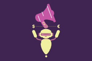 "AI marketing tools concept with machine learning robot, megaphone, and digital marketing icons"